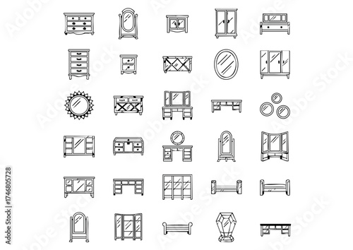 Mirror Furniture Icons: 25 Unique Black & White Vector Designs, Vector Mirror Furniture: Thick Line Drawing Icon Set, Monochrome Furniture with Mirrors: 25 Detailed Outline Icons