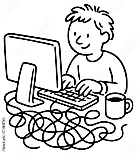 A programmer with a laptop works on a project in a pile of wires.