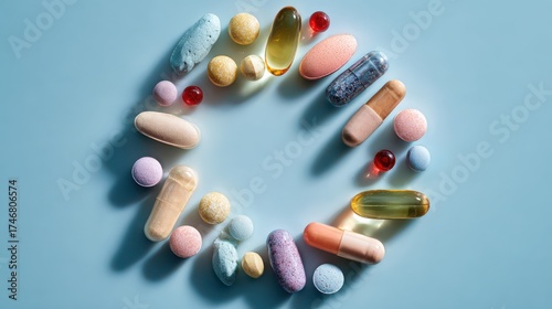 Health supplements display home product photography clean top-down view nutritional benefits