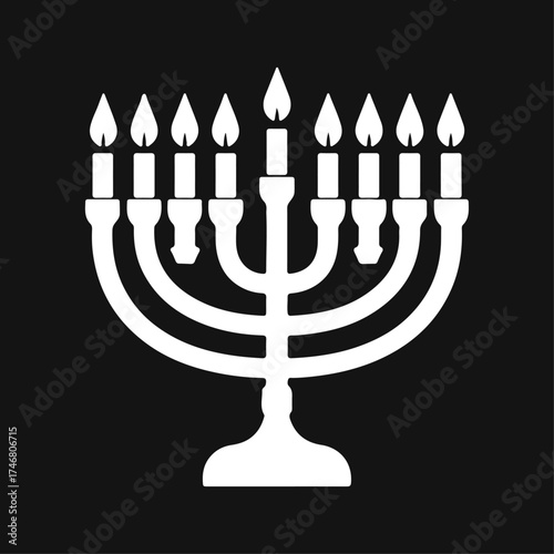 Vector illustration of Hanukkah menorah symbols in black, white, and gold styles. Simple minimalist icons for Jewish holidays, logos, prints, greeting cards, and design templates.