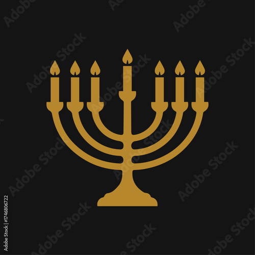 Vector illustration of Hanukkah menorah symbols in black, white, and gold styles. Simple minimalist icons for Jewish holidays, logos, prints, greeting cards, and design templates.
