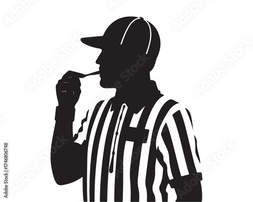 American football referee in striped shirt and cap blowing a whistle in a stark black silhouette