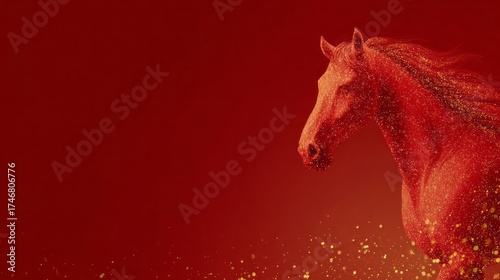 A fiery crimson horse gallops through a dreamscape of glittering stardust, echoing Lunar New Year vitality and equine mythology