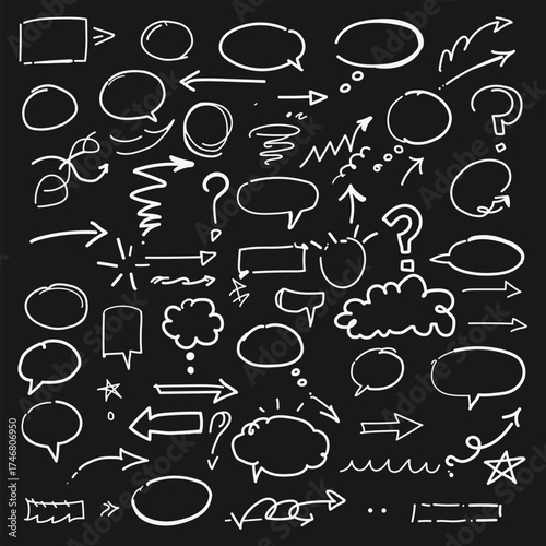 Collection of hand drawn white speech bubbles arrows question marks and shapes on a black background