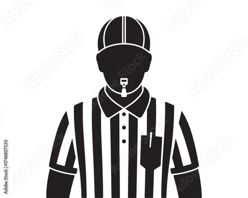 American football referee in striped uniform and cap viewed from the front silhouette
