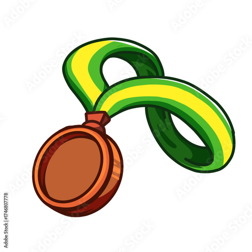 Cartoon illustration of a bronze medal (third place) with a blank face, suspended from a looping, striped green and yellow ribbon or lanyard. This image symbolizes achievement, success, third place