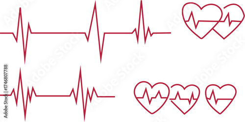 Red electrocardiogram heartbeats and heart shapes representing love health and life