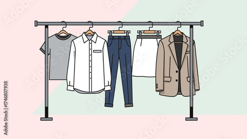Fashion wardrobe illustration with various garments on a clothing rack: shirt, t-shirt, jeans, skirt, blazer. Apparel concept.