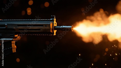 Close up of assault rifle firing with muzzle flash and smoke.
