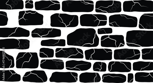 Black Stone Wall Texture Background: Cracked Rock Pattern, Seamless Tileable Design, Vector Illustration for Graphic Design Projects