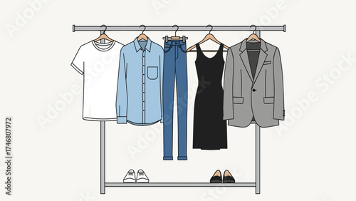 Minimalist Wardrobe Essentials on Clothing Rack. Flat Vector Illustration of Everyday Fashion and Shoes.