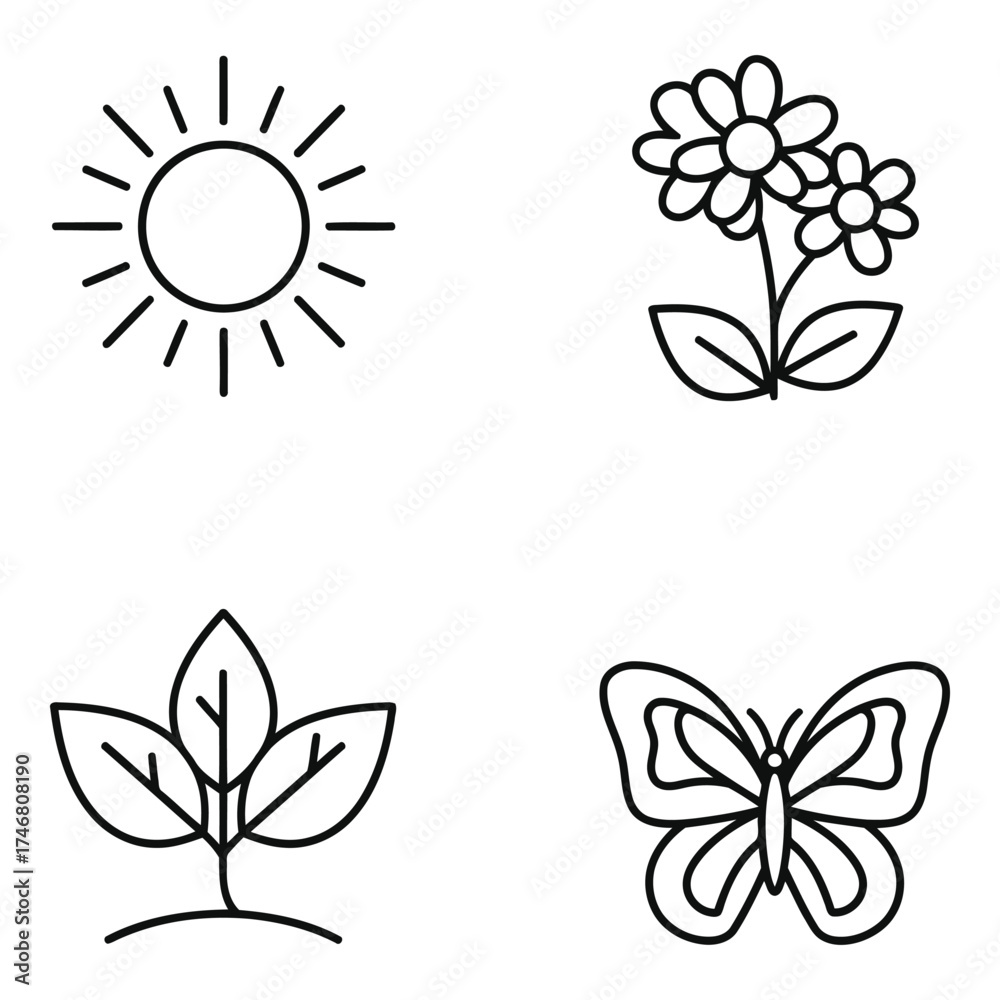 Fototapeta premium Vector art of spring icons sun, flower, plant, butterfly