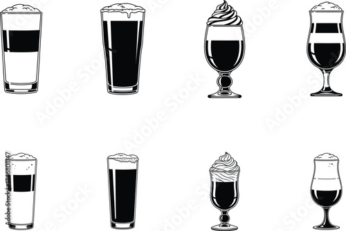 Black and White Line Art: Coffee Drinks Set - Latte, Stout, Irish Coffee, Macchiato - Vector Illustration for Cafe Menu and Design Elements