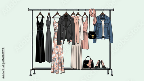 Stylish Women's Wardrobe Collection on a Clothing Rack, Fashion Illustration