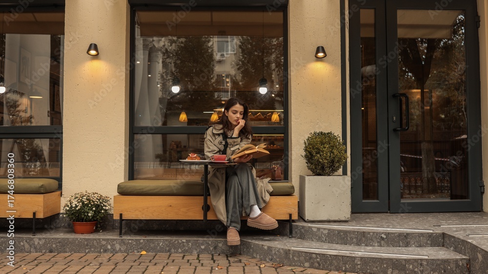 Obraz premium Girl in a trench coat reading a book at a cafe