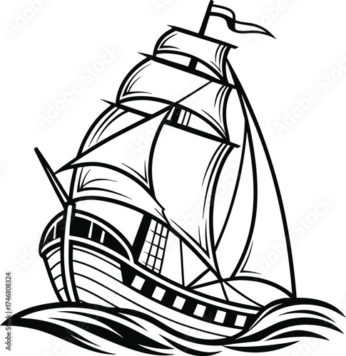 Minimal Monochrome Sailboat Illustration Art