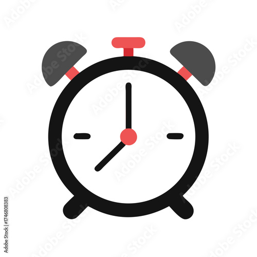 Vector art of a minimalist graphic of a black and white alarm clock with red accents, featuring a round face and two bells on top, isolated on a