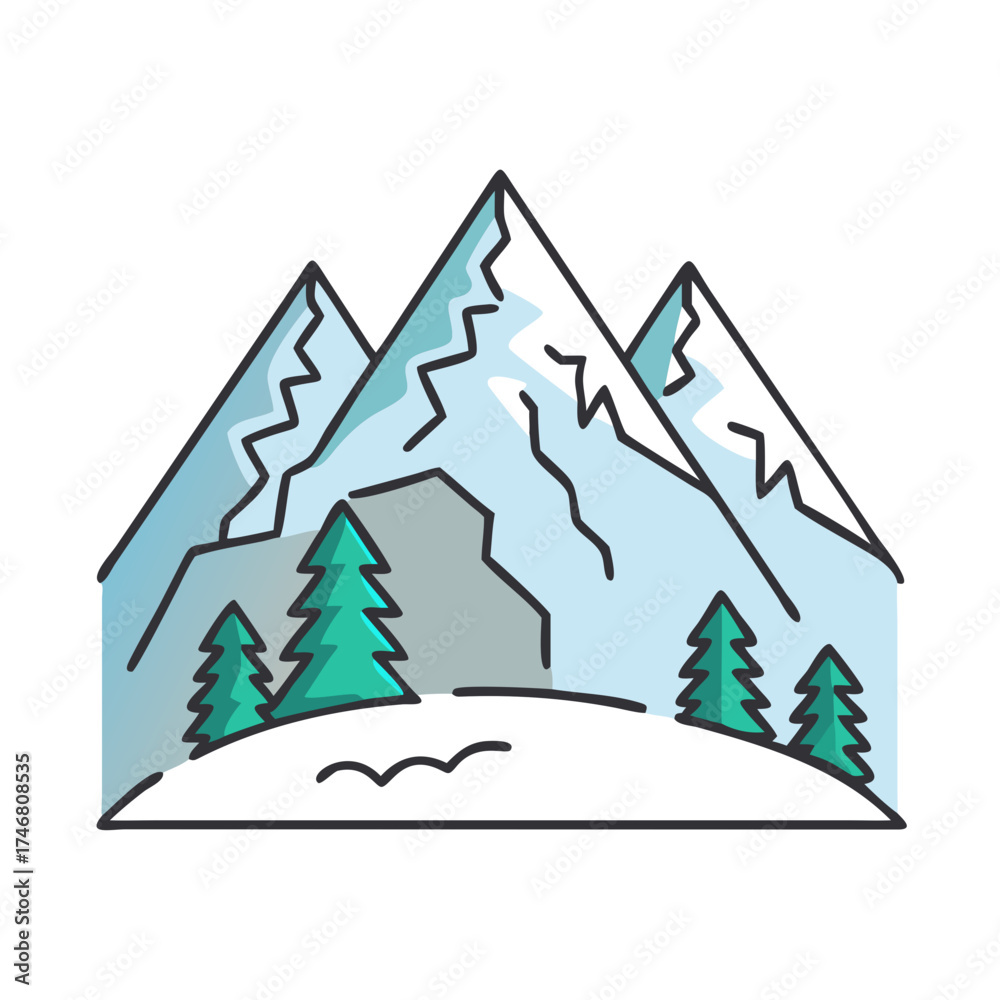 Fototapeta premium Vector art of minimalist vector art depicting sharp, snowcovered mountain peaks with a few evergreen trees in the foreground, evoking a sense of winter wilderness and outdoor exploration