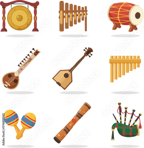Collection of diverse musical instruments, including percussion, strings, and wind instruments.