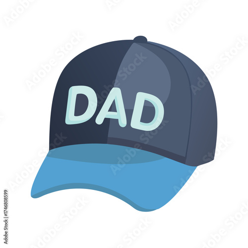 Vector art of a blue baseball cap with a light blue brim and the word dad in light blue letters on the front, isolated on a, representing fatherhood and casual wear
