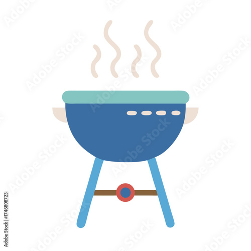 Vector art of a blue barbecue grill with steam rising from it, isolated on a, representing outdoor cooking and summer gatherings