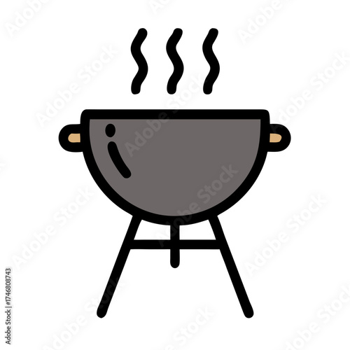 Vector art of a dark gray barbecue grill with steam rising, isolated on a, symbolizing outdoor cooking and delicious meals