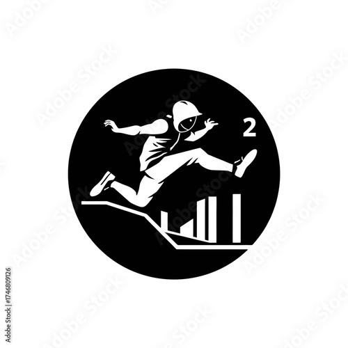 Silhouette of a hooded figure leaping over obstacles in a circular black background, with a number "2" to the right.