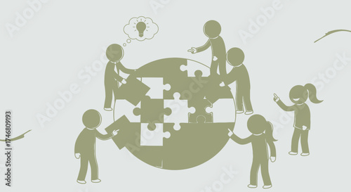 People collaborate to complete a puzzle inside a circle, with one person having an idea.