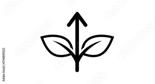 Simple black and white icon of a plant sprouting with an arrow pointing upwards, symbolizing growth and progress.