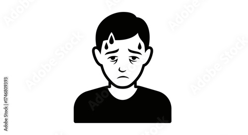 A black and white illustration of a man looking sad with sweat drops.