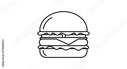 Line art illustration of a burger with two patties, cheese, and buns on a white background.