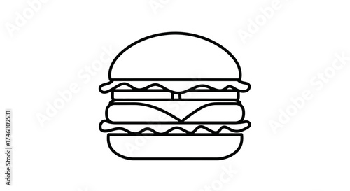 Simple line drawing of a burger with bun, patty, cheese, and lettuce.