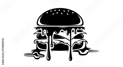 Black and white illustration of a dripping burger with sesame seeds on the bun.
