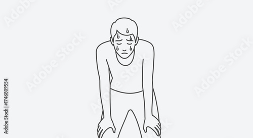 A line drawing depicting a man looking down, appearing exhausted and sweating.
