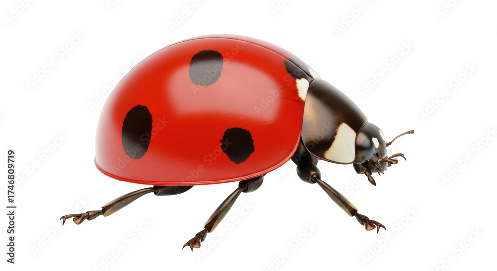 Fototapeta premium Isolated red ladybug with black spots, detailed insect close-up against a clean backdrop