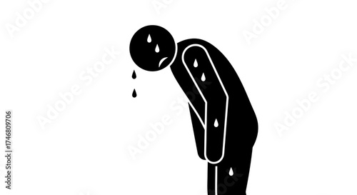 Silhouette of a person with head bowed, sweating profusely, indicating exhaustion or heat.