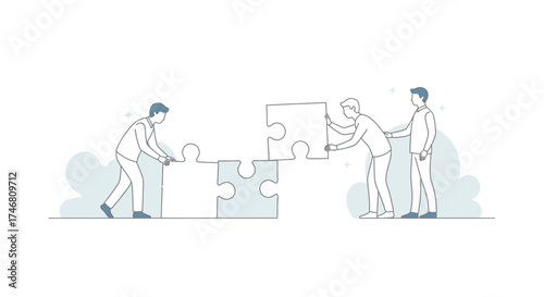Three individuals collaborating to connect large puzzle pieces, symbolizing teamwork and unity.
