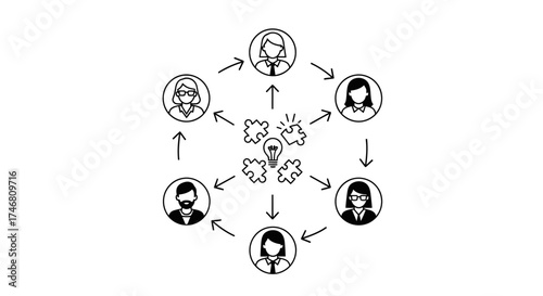 A network of diverse people connected by arrows, sharing ideas and collaborating.