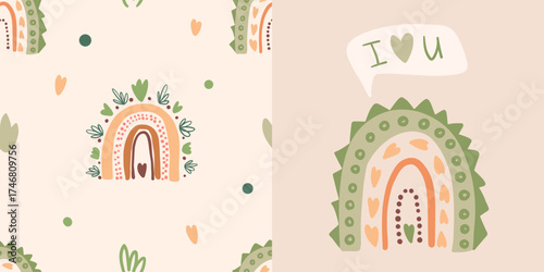 Seamless pattern with colorful hand-drawn rainbows and hearts. Cute boho vector background for kids, textile, wallpaper, wrapping paper, nursery decor, baby prints. Vector illustration.