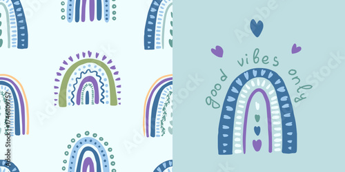 Seamless pattern with colorful hand-drawn rainbows and hearts. Cute boho vector background for kids, textile, wallpaper, wrapping paper, nursery decor, baby prints. Vector illustration.