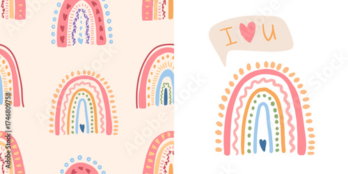 Seamless pattern with colorful hand-drawn rainbows and hearts. Cute boho vector background for kids, textile, wallpaper, wrapping paper, nursery decor, baby prints. Vector illustration.