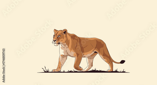 A solitary lioness confidently strides across sparse, grassy terrain, focused and alert.