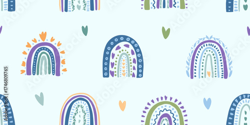 Seamless pattern with colorful hand-drawn rainbows and hearts. Cute boho vector background for kids, textile, wallpaper, wrapping paper, nursery decor, baby prints. Vector illustration.