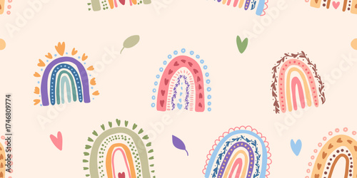 Seamless pattern with colorful hand-drawn rainbows and hearts. Cute boho vector background for kids, textile, wallpaper, wrapping paper, nursery decor, baby prints. Vector illustration.