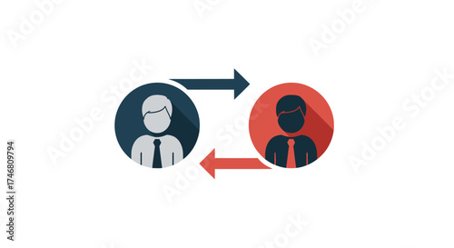 Two stylized figures exchanging positions, indicated by opposing arrows in a circular design.