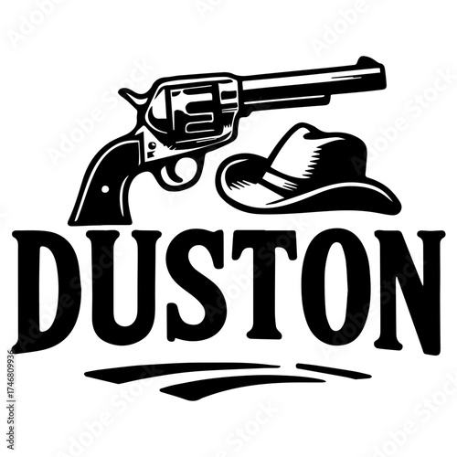 Vintage western logo with revolver and cowboy hat, black and white vector illustration perfect for saloon, ranch, or wild west design.