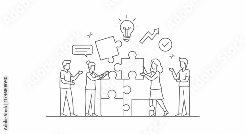 Teamwork illustration: People assembling puzzle pieces, symbolizing collaboration, problem-solving, and idea generation with a lightbulb icon.