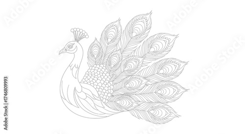 Elegant peacock illustration with intricate feather details, presented in a clean, minimalist line art style.