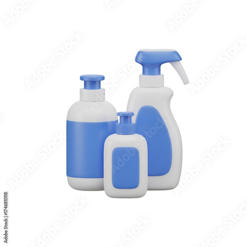 Three Blue and White Cleaning Product Bottles