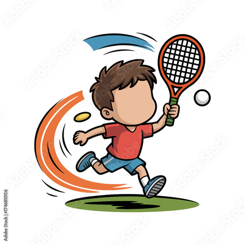 Cartoon of a Child Playing Tennis – Sports Action Illustration